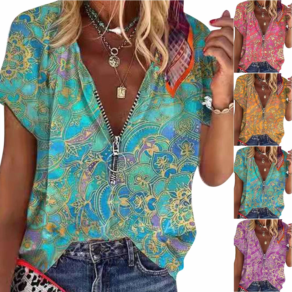 

VICABO Loose Womens Shirts Casual Short Sleeves Women Clothes Blouse Print Floral Summer V-neck Fashion Large Size T-shirt 2021