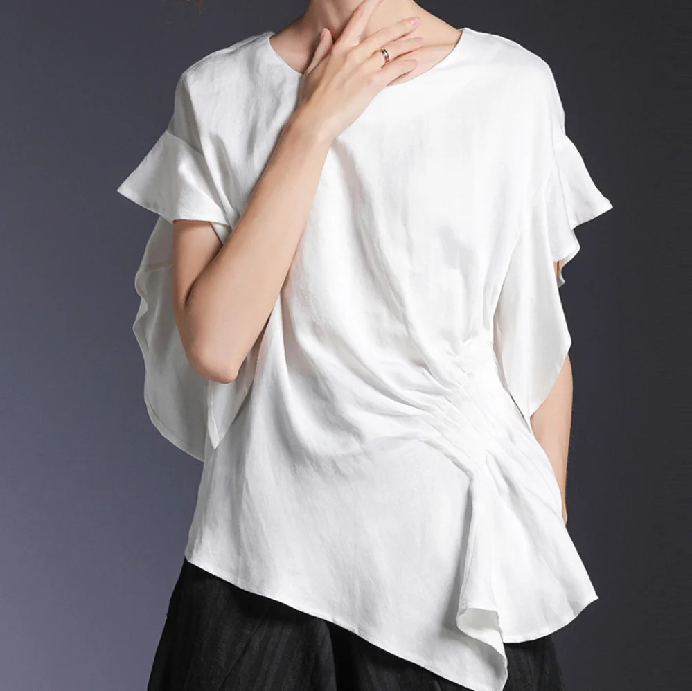 

[EAM] 2021 New Spring Summer Round Neck Short Sleeve Black Loose Pleated Irregular Sleeve T-shirt Women Fashion Tide JS503