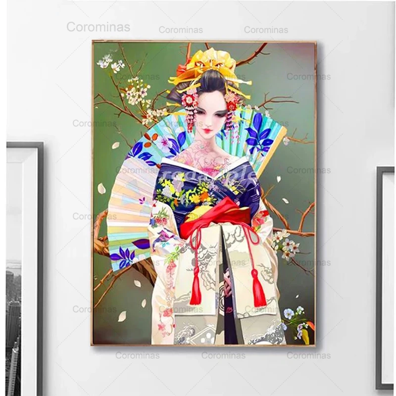 

5D Diy Diamond Painting Japanese Beauty Fan Full Square Round Hand Drill Cross Stitch Handmade Needlework Living Room Decoration