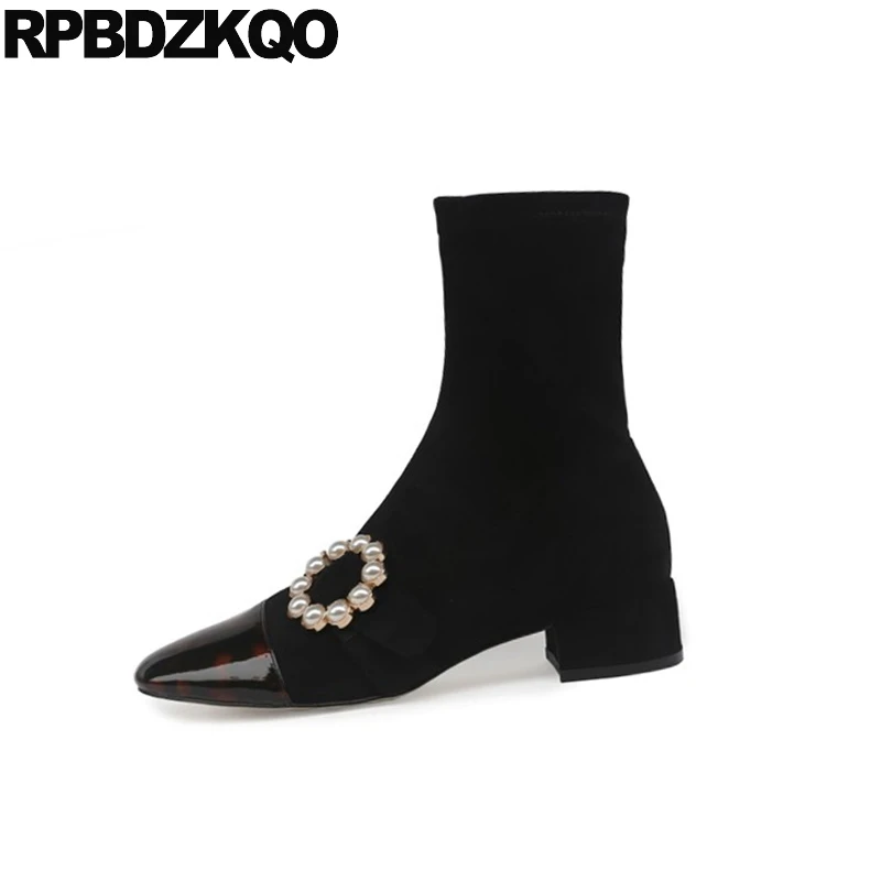 Square Toe Black Japanese Suede Patent Leather Brand Women Winter Boots Genuine Chunky Warm Cheetah Ankle Pearl Fur Block Shoes | Обувь