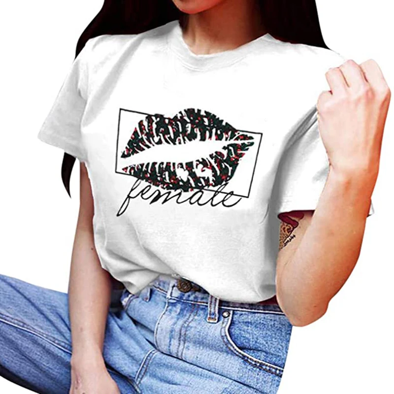 Футболка женская с принтом губ повседневная пикантная белая милая топ коротким