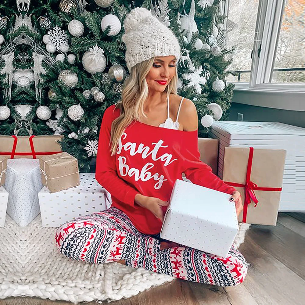 

Women Christmas Clothing Sets Santa Long Sleeve Pullover Sweatshirt Top + High Waist Pants Lady Festival Casual Loungewear