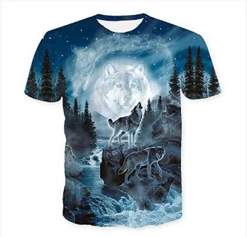 

Summer men's round-necked short-sleeved T-shirt 3d full moon wolf howling printing