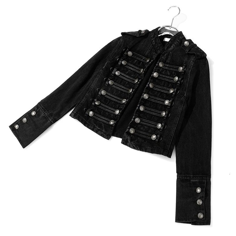 

CHICEVER Black Streetwear Short Jacket For Women Stand Collar Long Sleeve Patchwork Button Casual Jackets Female 2021 Spring New