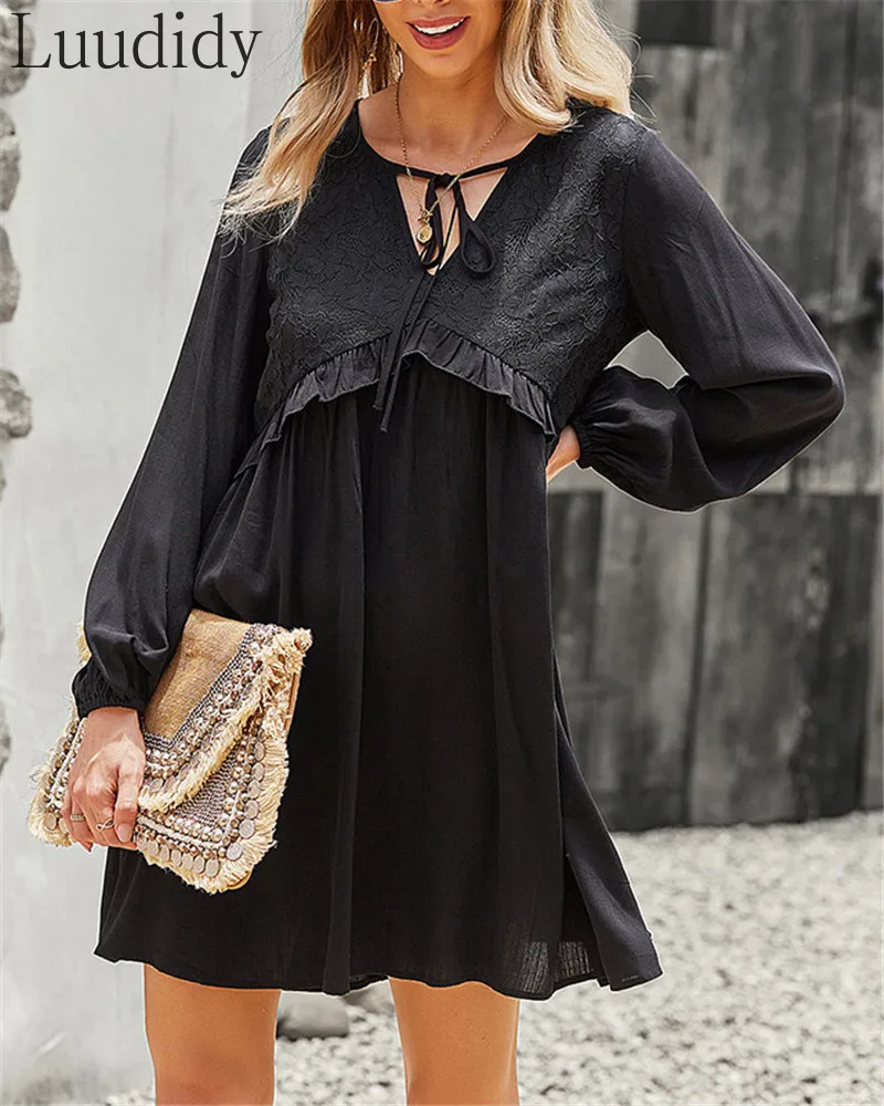 

Свободное Повседневное платье-трапеция с длинным рукавом и V-образным вырезом