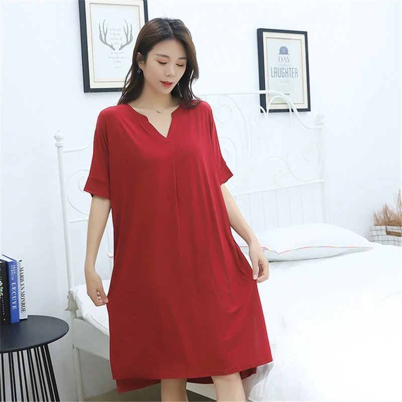 

V-neck Nightdress Cotton High-stretch Nightgown Summer Korean Loose Pijamas Female Solid Color Home Service Sexy Robe