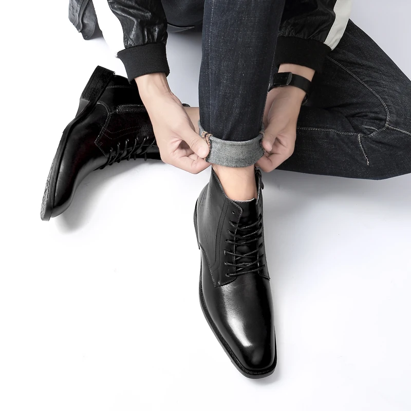 Ботинки мужские из натуральной кожи теплые полусапожки мех зимняя обувь большие