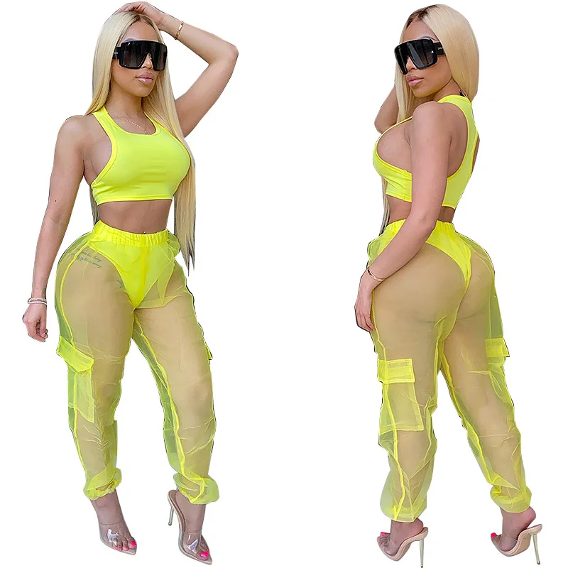 

2020 summer women's gauze sexy tight overalls 2 pieces summer leisure slacks slacks party club suit suitable for women