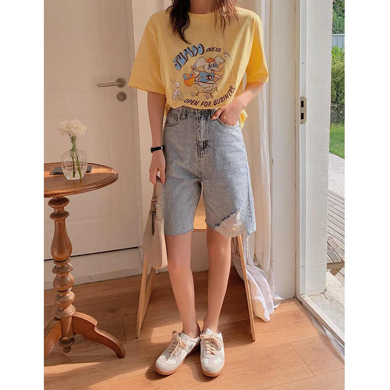 

High waist ripped tassel summer straight casual fashion slim biker denim Bermuda shorts jeans women denim shorts zipper 2021