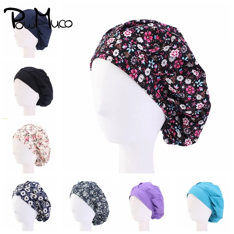 

Powmuco Women Printed Cap Cotton Operating Room Hats Casual Sleeping Hat Washable Reuseable Nightcap Head Cover Working Caps