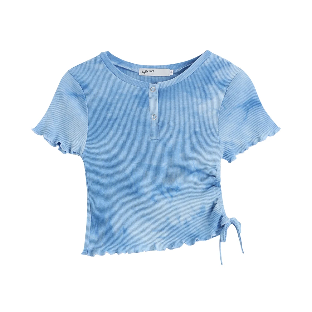 

2021 New Knitted T-Shirt Summer Blue Short-sleeved Personality Tie-dye Semi-open Collar Thin Short Top For Wom