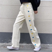 houzhou harajuku casual beige jeans women y2k korean style autumn loose high waist wide leg denim pants female embroidery