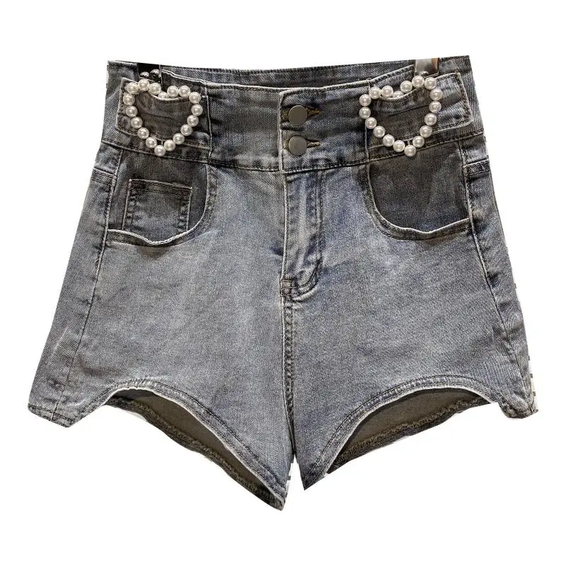 

2021 Summer New Love Pearl Beaded Waist Elastic Slim Temperament Denim Super Short Shorts Fashion
