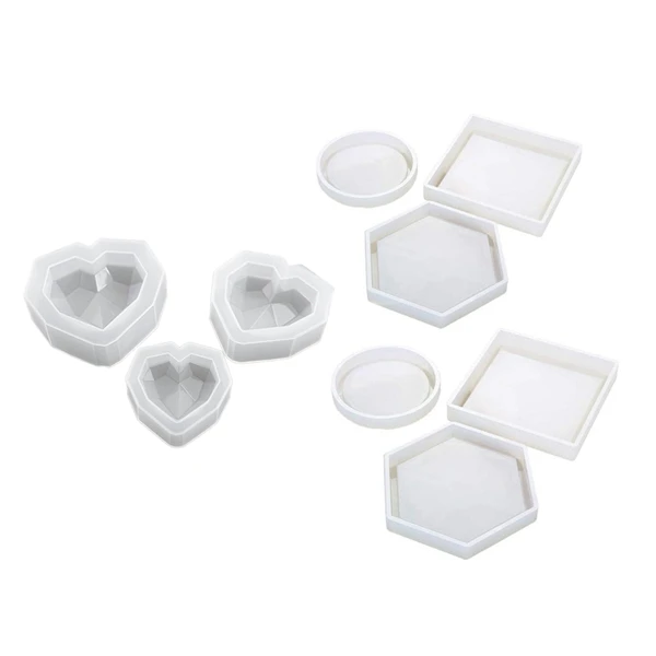 

6 Pack Silicone Coaster Molds Including Square, Hexagon, Round Molds - Silicone Resin Mold, Clear Epoxy Molds & 3x Diamond Heart