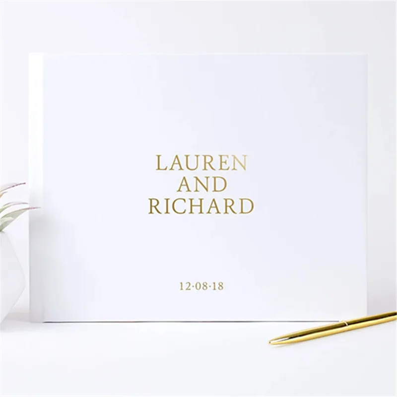 

Custom Wedding Guestbook Wedding Album Sign In Book Landscape Horizonal Book Ideas, White and Real Gold Foil Autograph Book