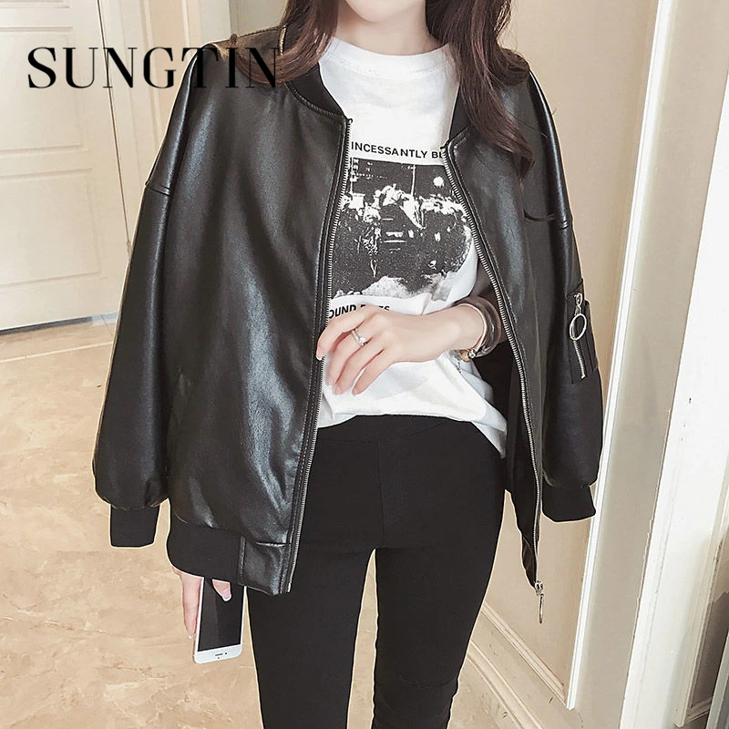 Женская куртка-бомбер Sungtin черная Свободная куртка из искусственной кожи на
