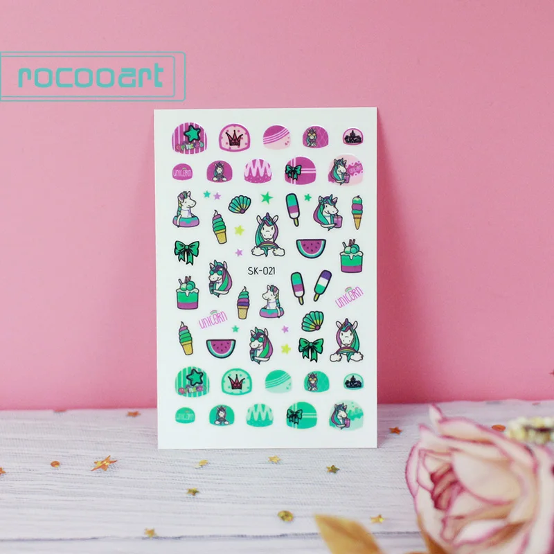 SK-021 Rocooart самоклеющиеся цветы Единорог узор дизайн ногтей украшения переводные наклейки на ногти акриловые маникюрные ногти принадлежности инструмент - Цвет: SK-021