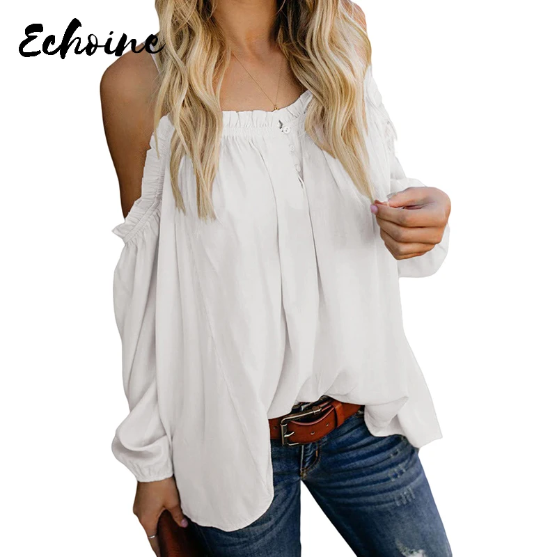 Женская блузка с оборками Echoine повседневная однотонная черного/белого цвета