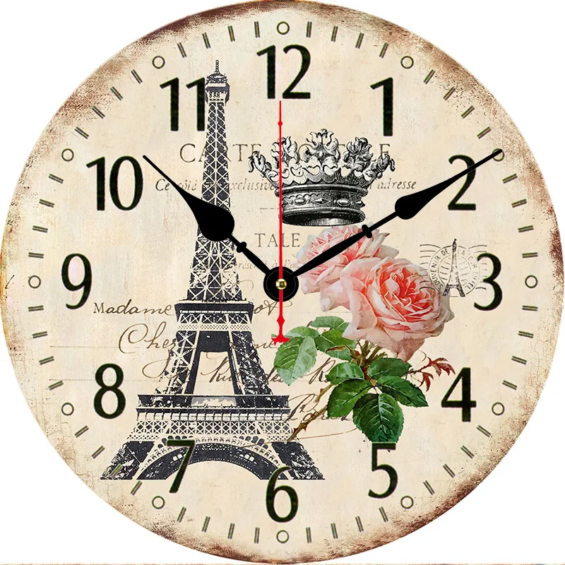 Круглые деревянные настенные часы винтажный стиль с принтом Эйфелевой башни 12