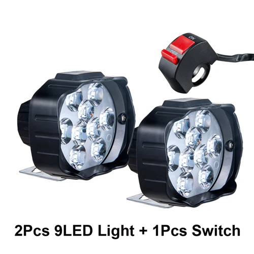 2PCS 9LED x Switch Точечный светильник для мотоцикла, головной светильник для скутера, противотуманный Точечный светильник светодиодный для мотоцикла ATV 12 В 6500 К, белый двигатель, рабочая фара для автомобиля DRL - Цвет: 2PCS 9LED x Switch