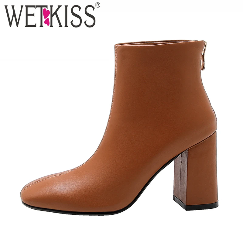 Женские ботильоны из пу кожи на высоком каблуке с квадратным носком|Женские