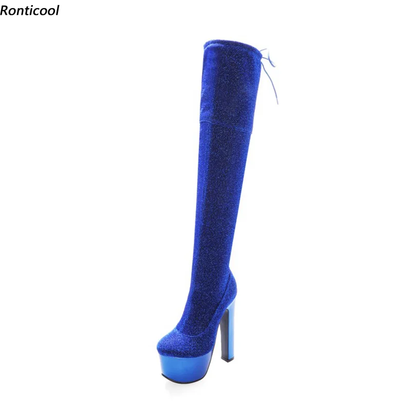 

Ronticool 2021 Fashion Women Winter Over The Knee Boots 17 Cm Square High Heels Round Toe Black Red Blue Silver Shoes Size 45