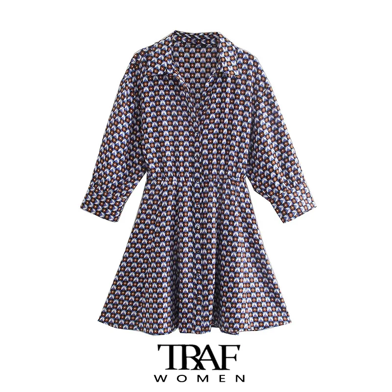 

Платье-рубашка женское с геометрическим принтом, рукавом 3/4 и эластичной талией