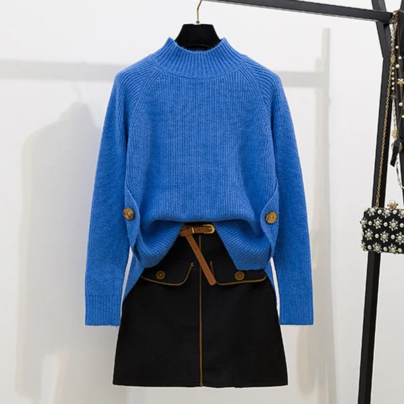 Женский вязаный комплект из 2 предметов пуловер с высоким воротником и шерстяная