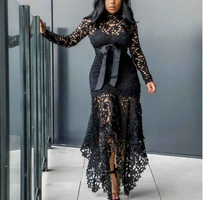 

Vintage Sexy Lace Bow Women Long Sleeve Dress Mesh Hollow Bodycon African Maxi Party Dresses Ladies Black White