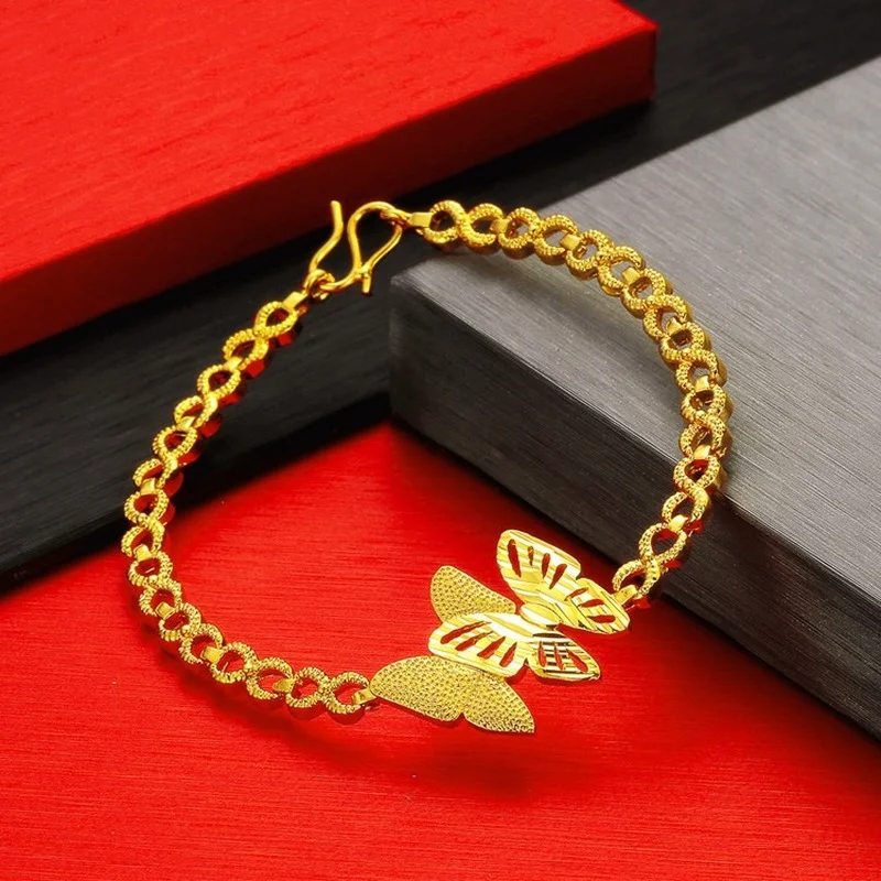 

24K Yellow Gold Color Women's Copper Plated Bracelet Vintage Butterfly Charm O-shaped Bracelet Wedding Holiday Gifts Jewelry