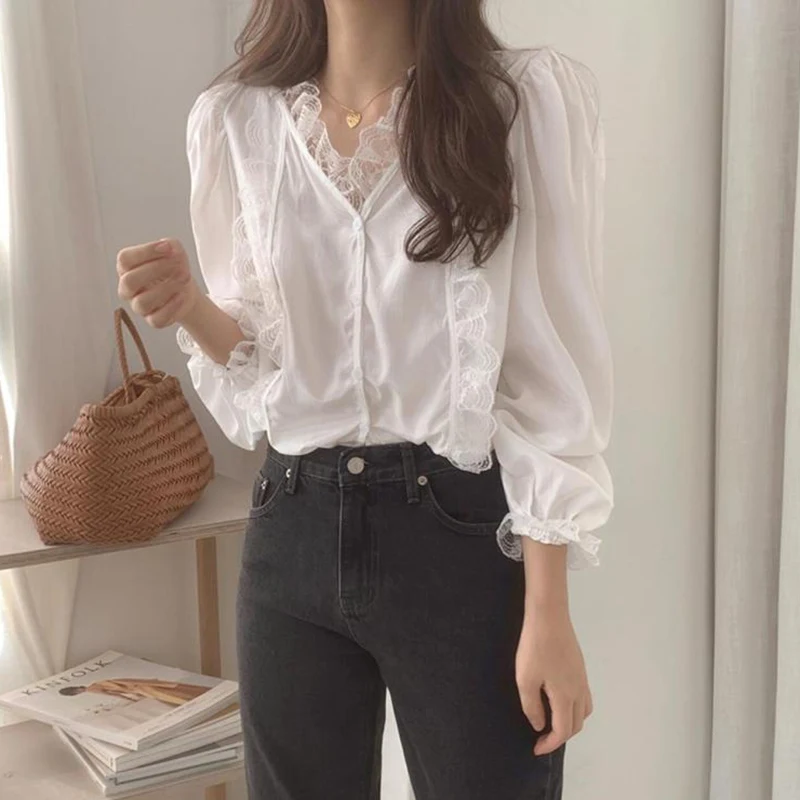 

Women Sexy Lace Blouses Sexy Hollow Out V Neck Streetwear Tops Female Solid Color Casual Office Shirts Blousas