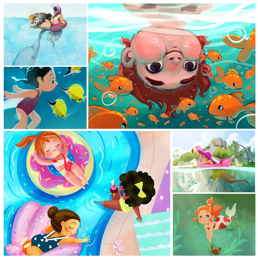 

Cartoon Swimming Scene Cute 5D Diy Full Square and Round Diamond Painting Embroidery Cross Stitch Kit Wall Art Club Home Decor