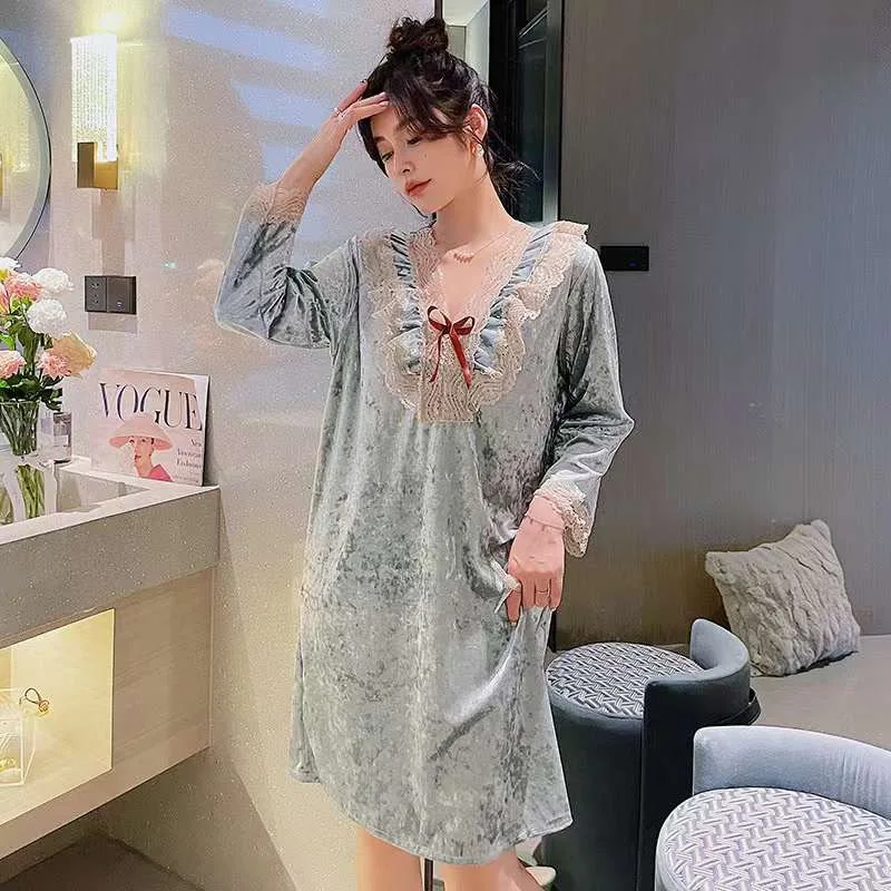 Синяя велюровая ночная рубашка для женщин Милая Кружевная Домашняя одежда с