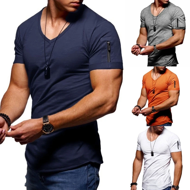 

Mens Summer Short Sleeve Zip Pocket T-Shirt V-Neck Solid Color Muscle Fitness Tops Gym Workout Slim Bodybuilding Tee