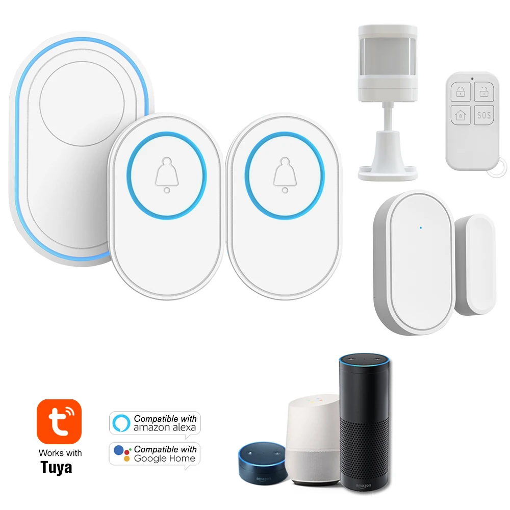 

Tuya Alarm System Wireless WIFI Doorbell Function Doorbell Indoor Chime LED 58 Ringtones Work with Door Sensor PIR Sensor