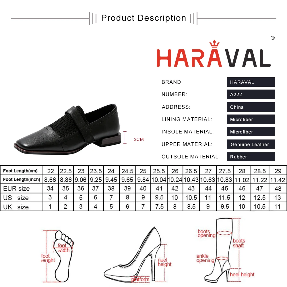 

HARAVAL Women Pumps Shoes Ankle Spring Autumn Basic Style Square Toe Office & Career Genuine Leather Black Brown AIRPOT A222