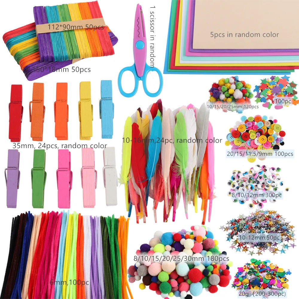 

Creative Hand-made DIY Kits Sponge Paper Twist Wire Stem Packages Set Bell Eyes Poms Wood Clips Stickers 1000 PCS+