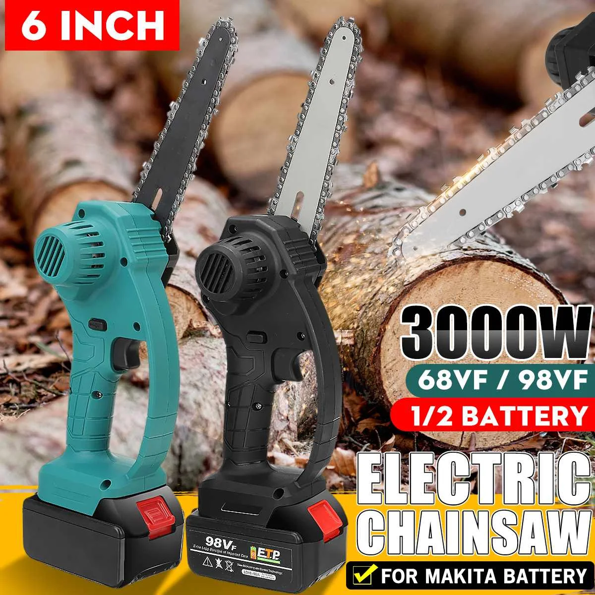 

3000W 6 inch Electric Chainsaw Mini Electric Chain Saw Cordless Electric Pruning Saw Portable Electric Saw 68V / 98V EU Plug