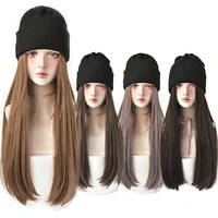 long synthetic beanies hat with hair wigs for women 24inch straight hair synthetic wig warm soft ski knitted autumn winter cap
