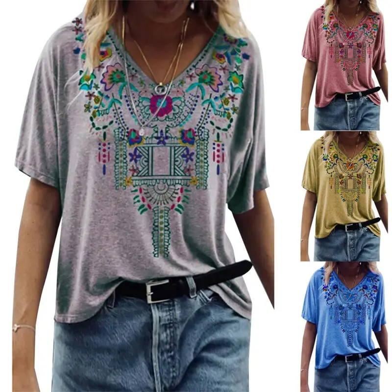 

Retro Loose T Shirt Women Summer Tees Top Ladies Casual Pullover Printed V-Neck Folk-Custom Short Sleeve T-Shirt Women Tops