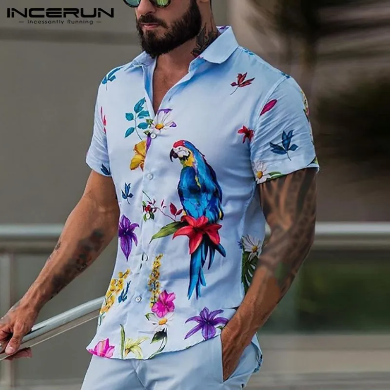 INCERUN Men Hawaiian Shirt Summer Printed 2022 Lapel Short Sleeve Streetwear Beach Blouse Button Breathable Casual Camisa S-3XL