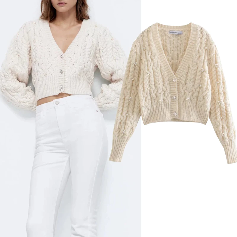 

Кардиган, Свитер, новый модный украшенный жемчугом, v-образный вырез, плотный хлопковый женский свитер 2021, модный элегантный уличный теплый ...