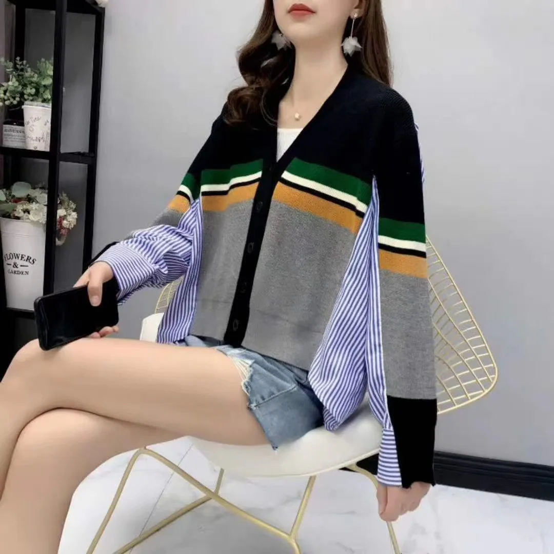 

Женская Асимметричная футболка SuperAen, Свободный кардиган в полоску, лоскутный, Повседневный, полный, имитация двух предметов, 2021