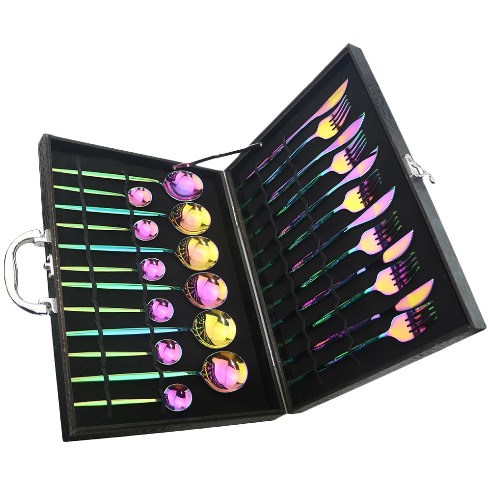 4/16/24pcs Dinnerware Set Rainbow Cutlery 304 Stainless Steel Tableware Fork Knife Spoon Dinner Silverware With Gift Box | Дом и сад