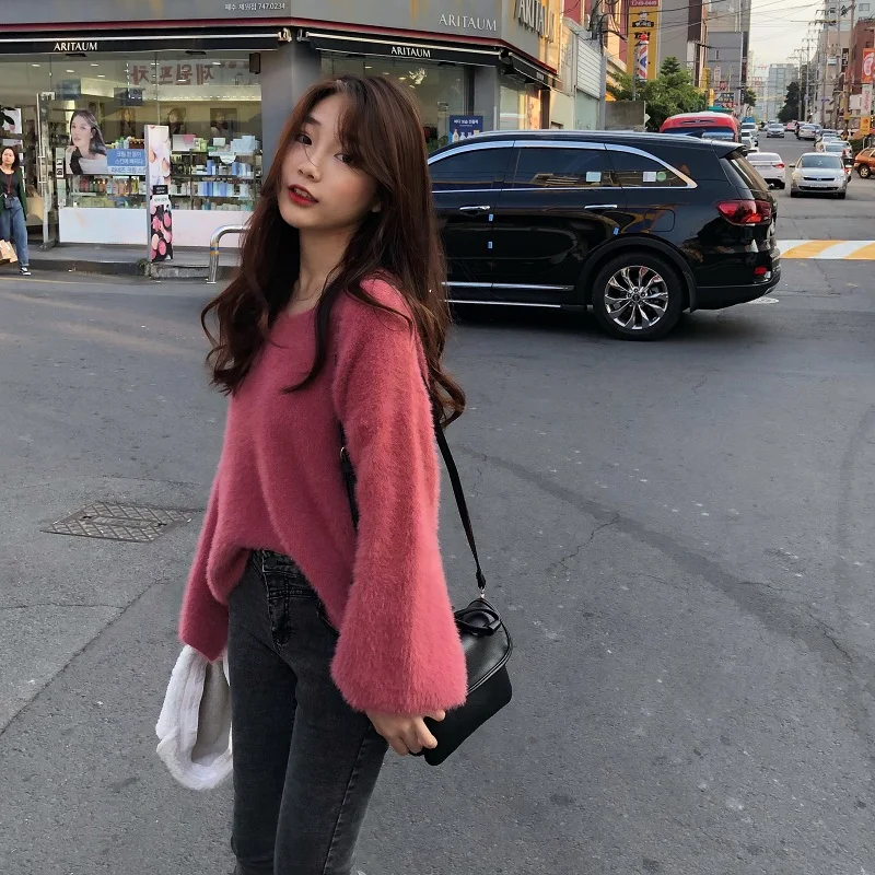 Осень корейский ins Harajuku сладкий винтажный сплошной цвет вязаный свитер женский модный Свободный v-образный вырез с длинными рукавами женский свитер