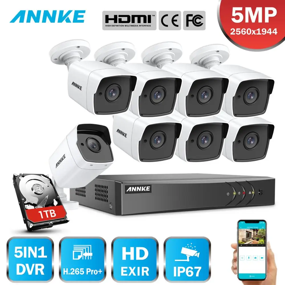 Камера видеонаблюдения ANNKE H.265 + DVR с защитой от непогоды 8 каналов 5 МП Lite HD в 1