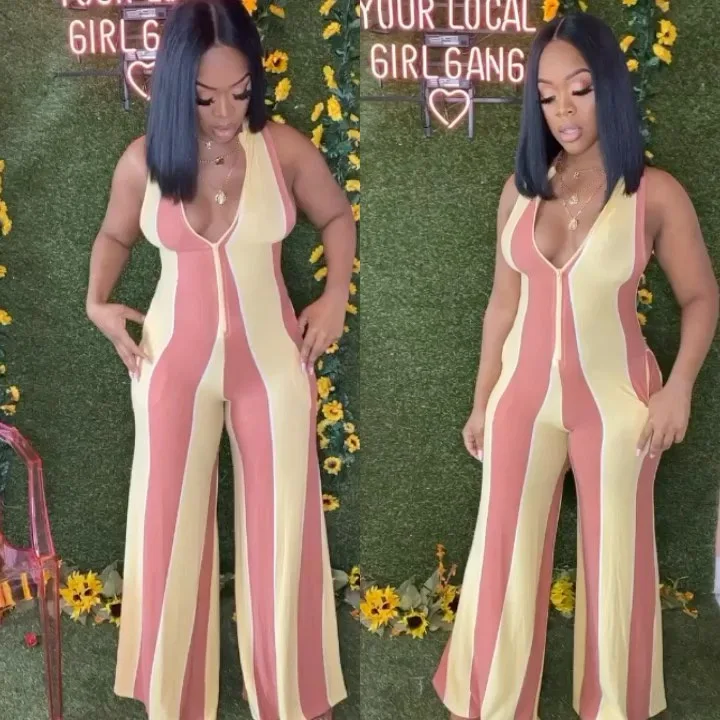

SUWA Summer Fashion Streetwear Women Vertical Striped Straight Long Jumpsuit Casual Femme Sleeveless Pocket Wide Leg Rompers