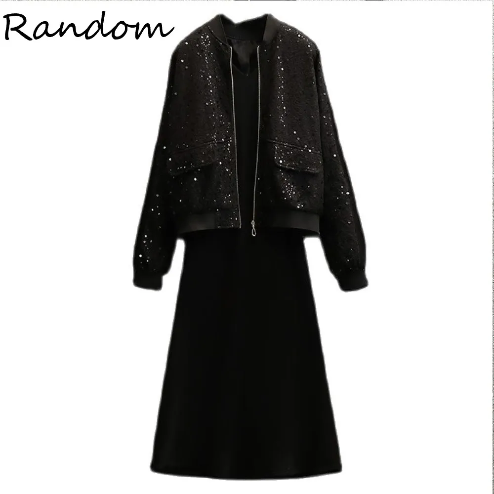 Женский зимний костюм большого размера 4XL куртка с блестками и вязаное платье на