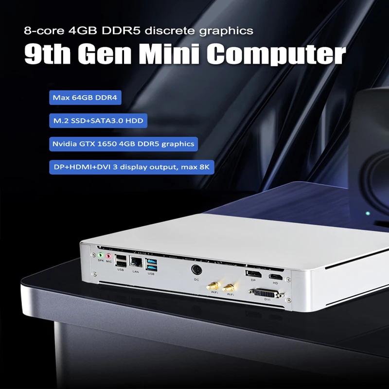

9th Gen Mini Gaming PC Intel Xeon D1581 Core i3 9100F i5 9400F i7 9700F MSI GTX1650 GDDR5 DVI HD DP 4K Multi-Display AC WiFi