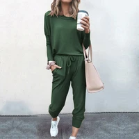 2021 new solid color womens sets long sleeve o neck tshirt tops and pencil pants female casual plus size two pieces tracksuit